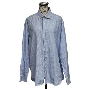 Saks Fifth Avenue Button Down Shirt Mens 17.5 Custom Made Blue Checkered Gingham